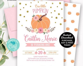 Pumpkin Birthday Invitation, Pumpkin First Birthday Invitation, Girl Fall Birthday, Pink Gold Pumpkin, Editable Invitation Template