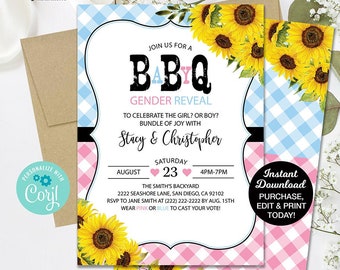 Baby Q Gender Reveal Invitation, Printable BBQ Gender Reveal Invitation, BBQ Sunflower, Couples Gender Reveal