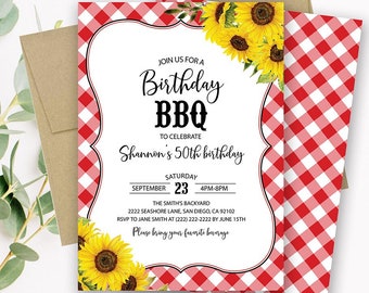 BBQ Birthday Invitation, Cookout Birthday Invite, Summer Birthday Invitation Template, Picnic Birthday Invitation, Sunflowers