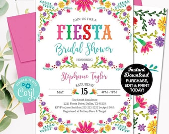 May include: A colorful printable invitation for a Fiesta bridal shower. The invitation features a floral border with a white background. The text reads "Join us for a Fiesta Bridal Shower honoring Stephanie Taylor, Saturday, May 15, 4PM-7PM, The Smith Residence, 2221 Fiesta Drive, Dallas, TX 95203, RSVP to Jane Smith at 222-222-2222 by April 10th, Registered at Pottery Barn & Target".
