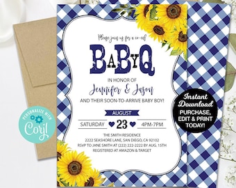 Baby Q Shower Invitation, BBQ Baby Shower Invitation, Sunflower Invitation, Coed Baby Shower Printable Invitation, Summer Baby Shower