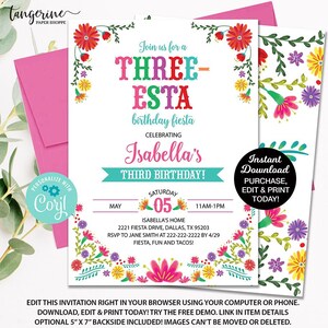 Editable Three-Esta Fiesta Birthday Invitation, Mexican Third Birthday Invite, Girl 3rd Birthday, Printable Invitation, Mexican Floral