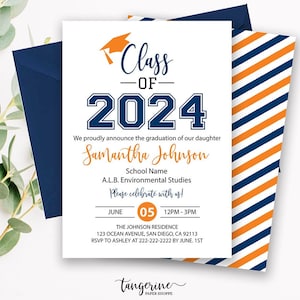 Graduation Invitation Blue Orange, Graduation Announcement, Class 2024 Announcement, Graduation Card, College Graduation, High School Grad