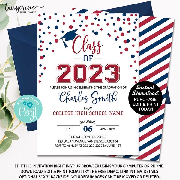 2024 Graduation Invitation Template, Graduation Announcement Red Navy Graduation Party Invite, College High School University Corjl Template