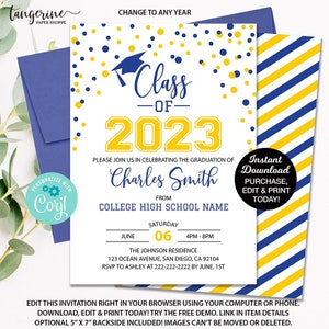 Printable 2024 Graduation Party Invitation, Blue and Yellow Grad Digital Invite, Editable Graduation Announcement, Invitation Template
