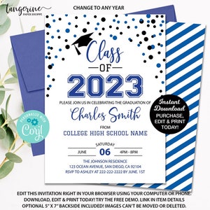 Graduation Party Invitation 2024, Royal Blue & White, Editable 2024 Graduation Announcement, College Graduation, High School Graduate