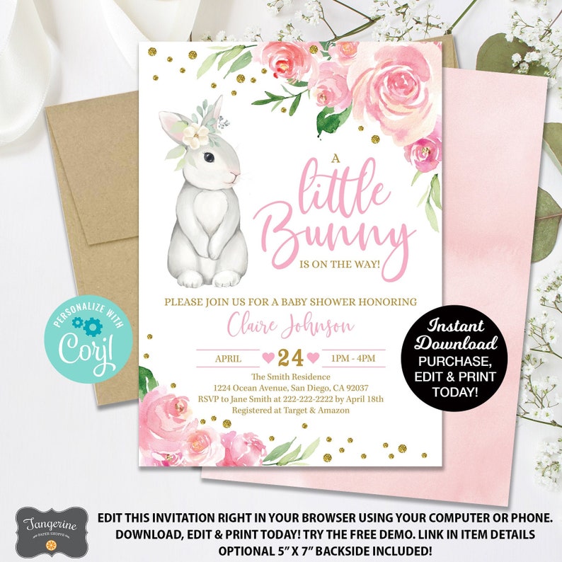 Bunny Baby Shower Invitation, Rabbit Baby Shower, Spring Baby Shower Invitation, Baby Girl, Easter Baby, Printable Invite image 1