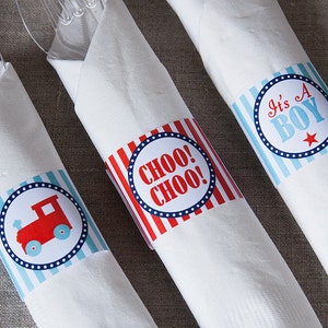 Train Baby Shower Napkin Rings - Aqua, Red & Navy Blue  - INSTANT DOWNLOAD
