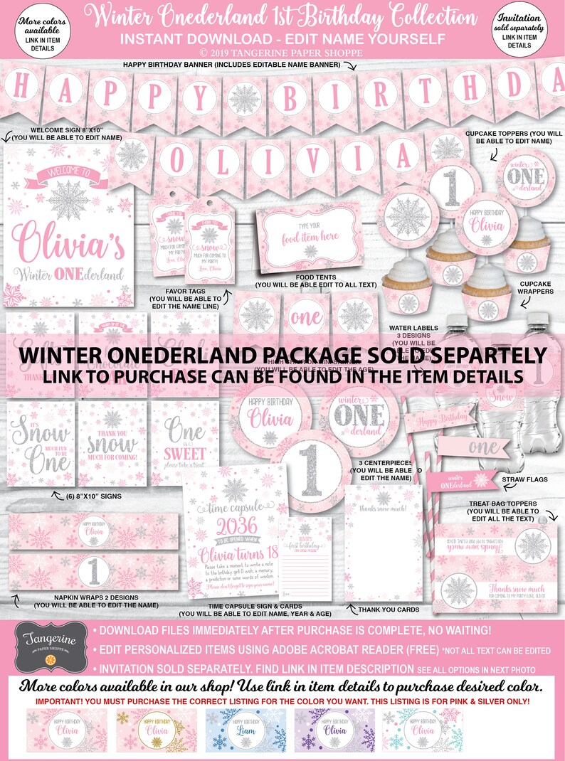 Puede incluir: Decoraciones de fiesta imprimibles en rosa y plata para un primer cumplea&ntilde;os con un tema de invierno. El conjunto incluye una pancarta, adornos para cupcakes, envoltorios para cupcakes, etiquetas para botellas de agua, etiquetas de regalo, carpas para comida, adornos para bolsas de golosinas, banderas de pajitas, tarjetas de agradecimiento y mucho m&aacute;s. El texto de la pancarta dice "Feliz cumplea&ntilde;os Olivia".