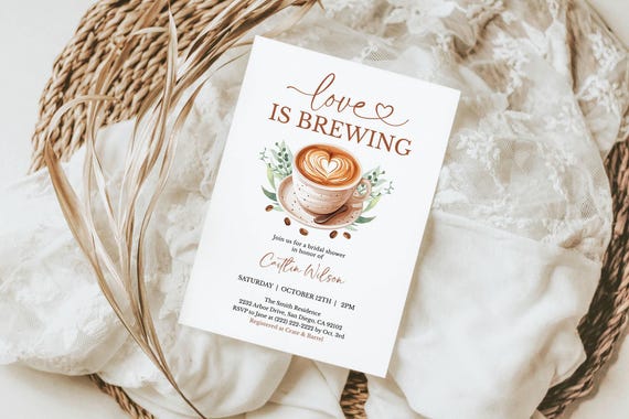 Coffee Bridal Shower Invitation, Love is Brewing Wedding Shower Invite Template, Editable Printable Template