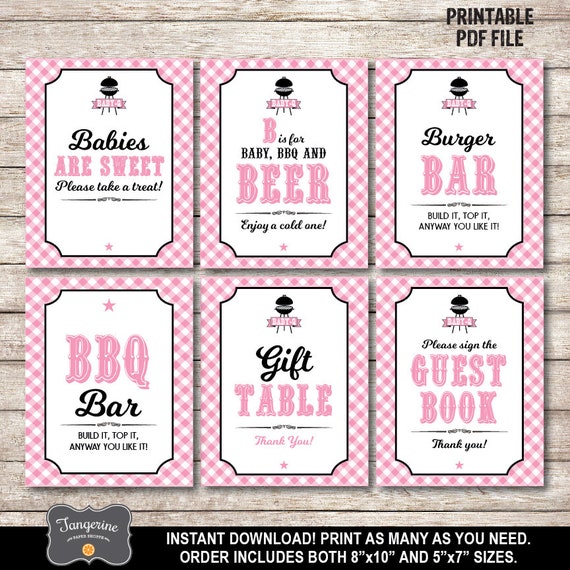 Pink Baby Q Shower Signs Set of 6, Printable Bbq Baby Shower Sign, Girl