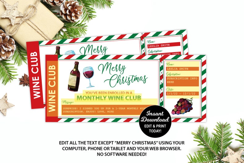 May include: A printable Christmas gift certificate for a monthly wine club membership. The certificate features a red, white, and green striped border, a bottle of wine and a glass of wine, and the text "Merry Christmas, You've been enrolled in a Monthly Wine Club".