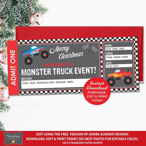 Monster Truck Ticket Printable Template, Christmas Gift Monster Truck