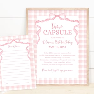 Pink Bow Birthday Time Capsule Editable First Birthday Time Capsule Pink Gingham 1st Birthday Decoration Girl Corjl Template