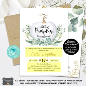 Może przedstawiać: Ż&oacute;łto-białe zaproszenie na baby shower z akwarelową ilustracją białej dyni z zielonymi liśćmi. Tekst brzmi "a little pumpkin is on the way!" i "Please join us for a co-ed baby shower honoring Caitlin & Matthew".