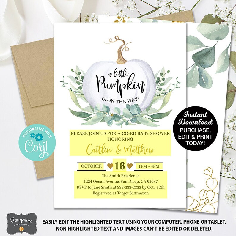 Może przedstawiać: Ż&oacute;łto-białe zaproszenie na baby shower z akwarelową ilustracją białej dyni z zielonymi liśćmi. Tekst brzmi "a little pumpkin is on the way!" i "Please join us for a co-ed baby shower honoring Caitlin & Matthew".