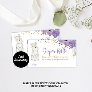 May include: Purple and white floral diaper raffle tickets with a cute bunny illustration. The text reads "Diaper Raffle" and "Bring a pack of diapers in any size, for a chance to win a special prize!"