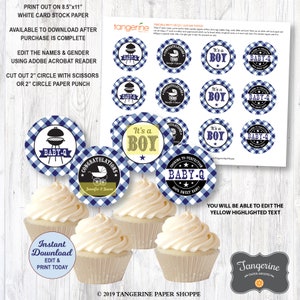 Baby Q Cupcake Toppers Navy Blue, Bbq Baby Shower Cupcake Toppers, Couples Baby Shower, Printable PDF File INSTANT DOWNLOAD image 2