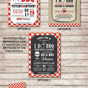 May include: Three different invitation options for a wedding or rehearsal dinner. The invitations feature a red and white gingham pattern and a barbecue theme. The text on the invitations reads "I Do BBQ".