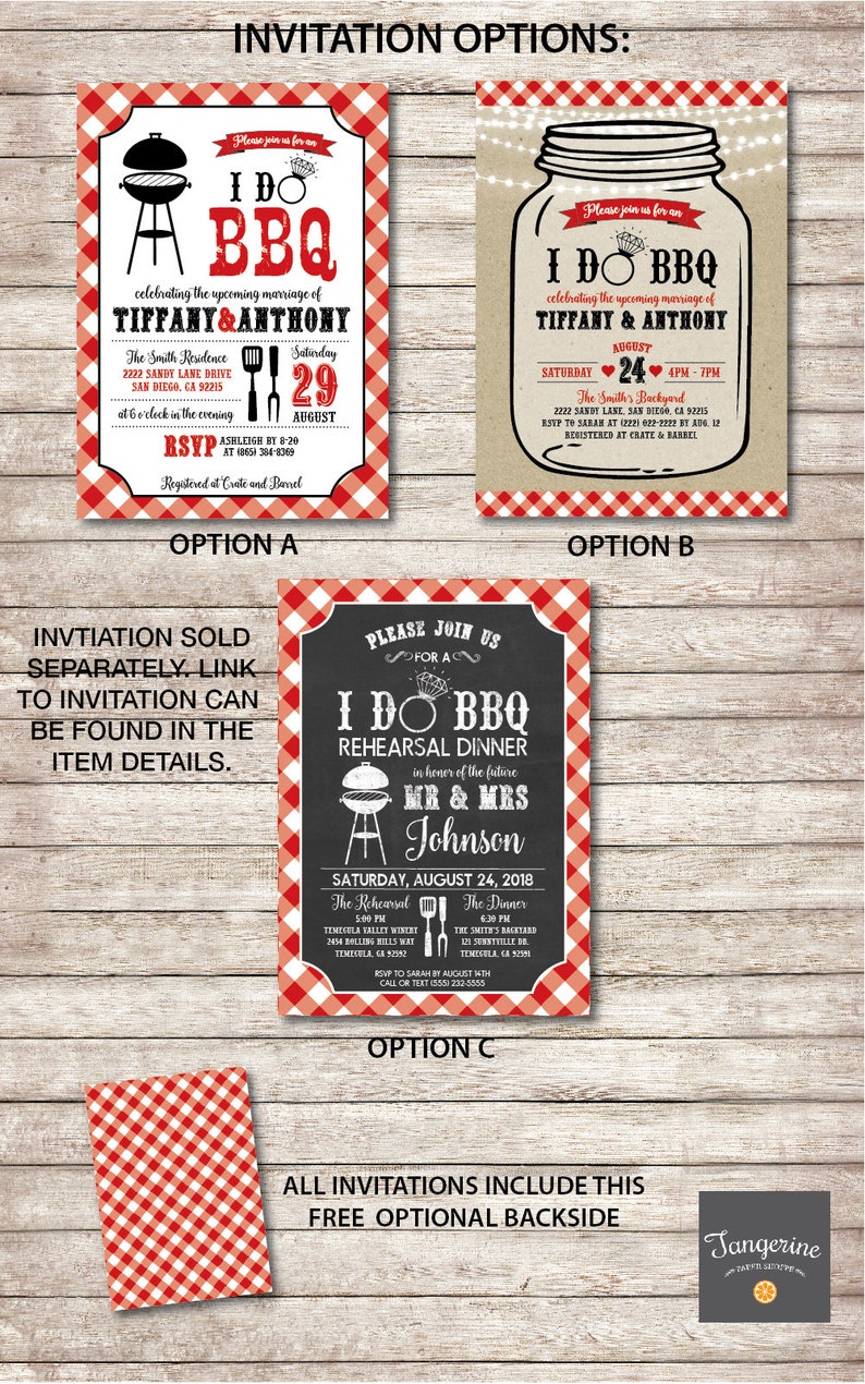 May include: Three different invitation options for a wedding or rehearsal dinner. The invitations feature a red and white gingham pattern and a barbecue theme. The text on the invitations reads "I Do BBQ".