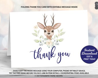 Deer Antler Thank You Note Baby Shower Birthday Party Deer Antler Thank You Card Teal Mint Gray Editable Template #953 Tribal Rustic