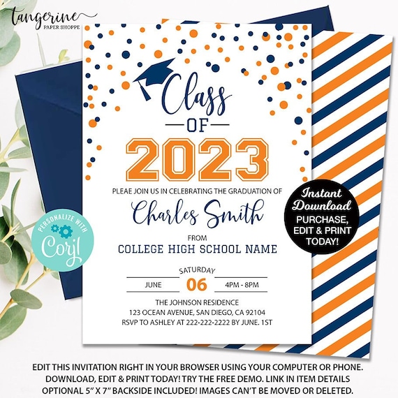 Editable Graduation Party Invitation, Class of 2023 Announcement, Blue