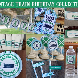 Train Birthday Decorations, Vintage Train Party, Train Party Decorations, Printable, Green and Aqua, Personalized