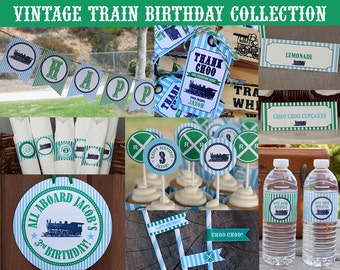Train Birthday Decorations, Vintage Train Party, Train Party Decorations, Printable, Green and Aqua, Personalized