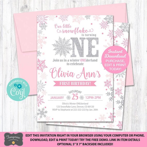 Winter onederland invitation Pink purple blue and silver winter onederland invitation winter invitation snowflake girl first birthday