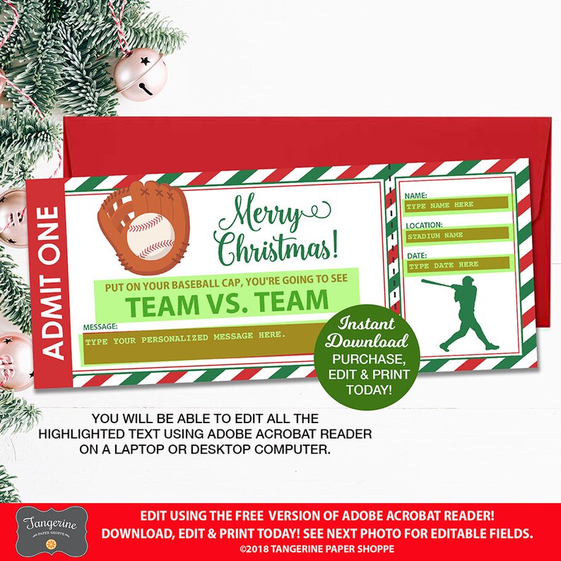 christmas baseball ticket gift baseball ticket printable etsy