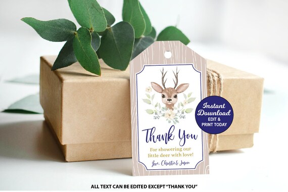 Deer Favor Tags, Editable Little Buck Thank you Tags, Boy Deer, Boy Baby, Woodland Favors, Rustic, INSTANT DOWNLOAD Il_570xn