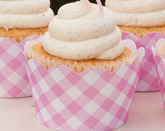 Envoltorios para cupcakes - Gingham rosa y blanco - festoneado - Imprimible - DESCARGA INSTANTE