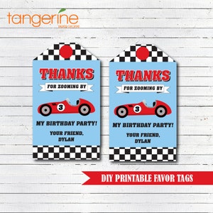 May include: Two printable favor tags with a blue background and a checkered border. The tags feature a red race car with the number 3 on it. The text on the tags reads "Thanks for zooming by my birthday party! Your friend, Dylan".