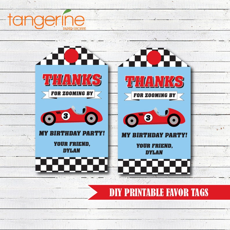 May include: Two printable favor tags with a blue background and a checkered border. The tags feature a red race car with the number 3 on it. The text on the tags reads "Thanks for zooming by my birthday party! Your friend, Dylan".