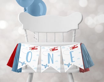 Flugzeug Geburtstag Eins Highchair Banner Die Zeit vergeht Hochstuhl Wimpelkette Flugzeug Party Dekoration Junge 1.Geburtstag Sofort Download 0003