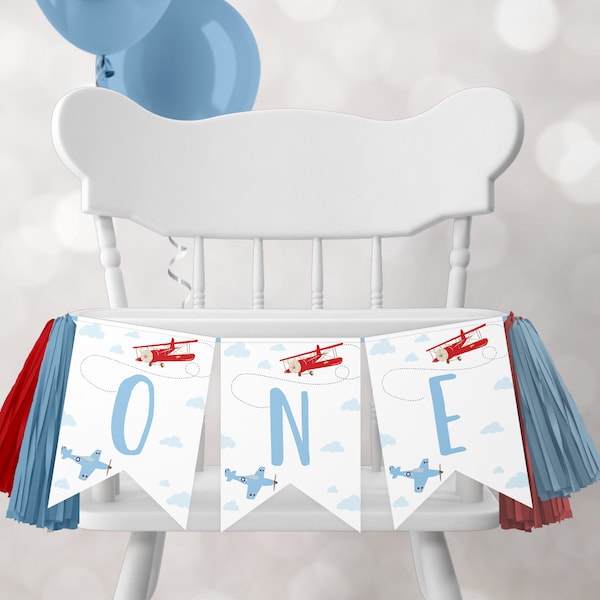 Airplane Birthday One Highchair Banner Time Flies High Chair Bunting Airplane Party Decoration Boy First 1st Birthday Instant Download 0003