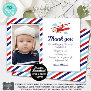 Airplane Birthday Thank You Card, First Birthday Photo Thank You, Editable Thank You, Photo Card, Printable, Printable Card