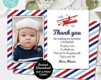 Airplane Birthday Thank You Card, First Birthday Photo Thank You, Editable Thank You, Photo Card, Printable, Printable Card