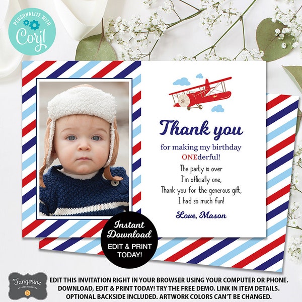 Airplane Birthday Thank You Card, First Birthday Photo Thank You, Editable Thank You, Photo Card, Printable, Printable Card