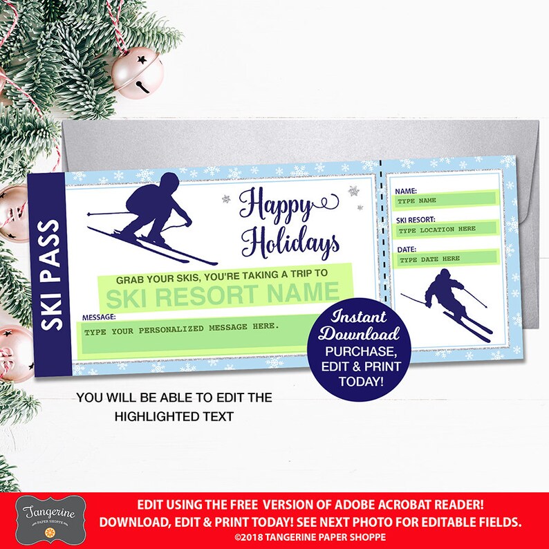 Ski Ticket Printable Skiing Vacation Holiday Gift Editable | Etsy