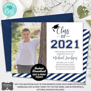 Printable Graduation Invitation, Class of 2024 Graduation Announcement, Blue & White Graduation Card, College Graduation, High School Grad