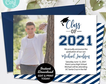 Printable Graduation Invitation, Class of 2024 Graduation Announcement, Blue & White Graduation Card, College Graduation, High School Grad