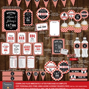 May include: A printable set of I Do BBQ wedding shower decorations in red and black with a gingham pattern. The set includes a banner, cupcake toppers, favour tags, water bottle labels, and more. The text on the decorations says "I Do BBQ".