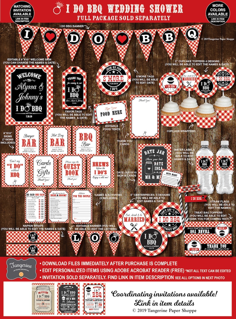 May include: A printable set of I Do BBQ wedding shower decorations in red and black with a gingham pattern. The set includes a banner, cupcake toppers, favour tags, water bottle labels, and more. The text on the decorations says "I Do BBQ".