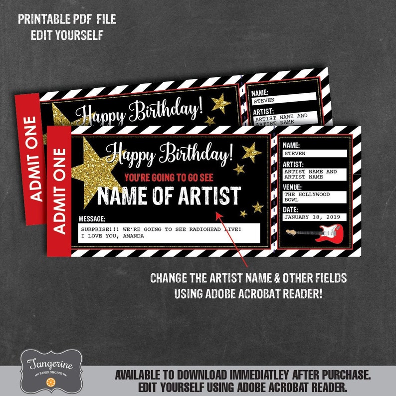 birthday concert ticket gift printable template surprise etsy