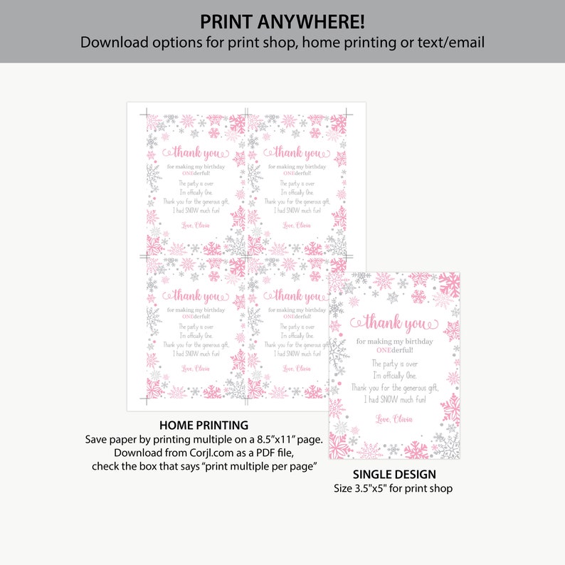 Editable Thank You Note Card, Winter Onederland Birthday Thank You Card ...
