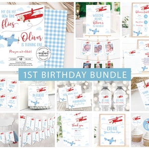 Airplane Birthday Decoration Package, Time Flies 1st Birthday Decor Bundle Boy First Flight Birthday Invitation Signs Corjl Template 0003