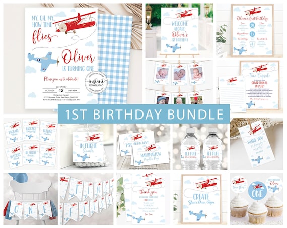 Airplane Birthday Decoration Package, Time Flies 1st Birthday Decor Bundle Boy First Flight Birthday Invitation Signs Corjl Template 0003