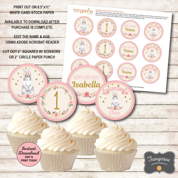 Bunny Birthday Cupcake Toppers Pink Gold Some Bunny First
