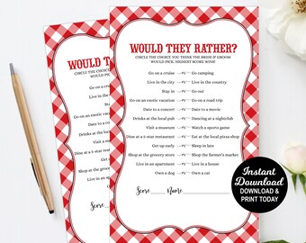 May include: A red and white gingham patterned printable game card with the text "Would They Rather?" and a list of questions for a bridal shower game. The text "Instant Download" and "Download & Print Today" is also included.